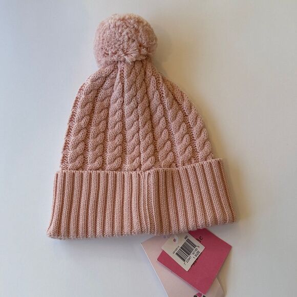 NWT KATE SPADE knit Pom Pom English Rose pink heart beanie winter hat cable os - Picture 2 of 6